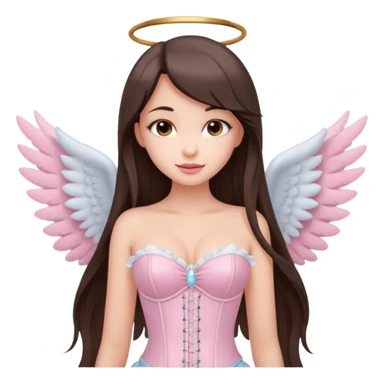 cute brunette girl, full lips, long straight hair, light makeup, pastel pink corset top, angel wings, smirk sticker