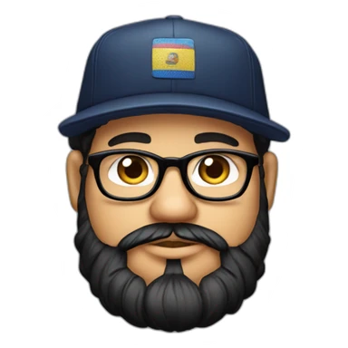 chubby venezuelan programmer with beard, glasses, yankess hat, airpods with tattoos sticker