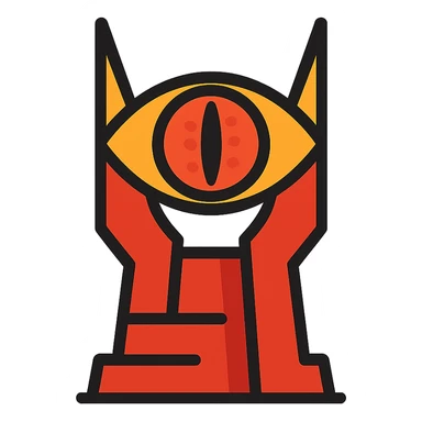 the Eye of Sauron, simplified as a bold, graphic icon with sharp lines and intense colors sticker