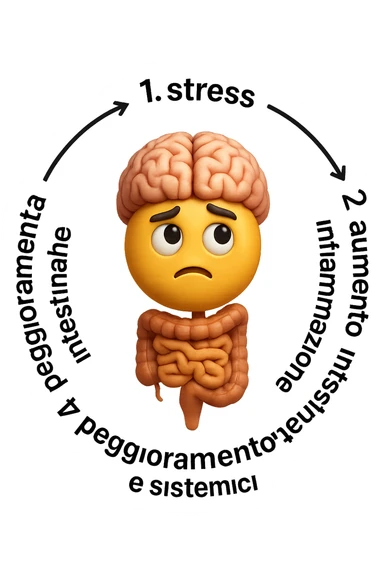 EMOJI STILE IPHONE 3D DI un cerchio con queste scritte che girano intorno in ordine per come li ho scritti "1. stress → 2. peggioramento intestinale → 3. aumento infiammazione → 4. peggioramento sintomi intestinali e sistemici." al centro del cerchio metti un cervello e intestino umani collegati verticalmente con espressione dubbiosa in volto, FALLO MOLTO REALISTICO IN 3D sticker