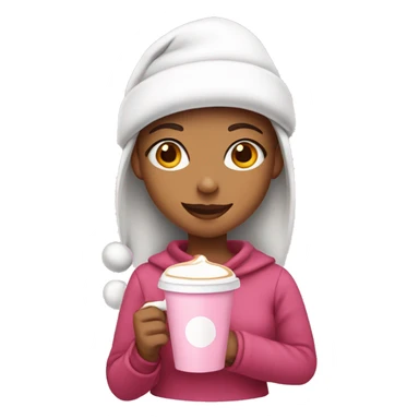 A girl wearing a pink Santa hat holding a latte sticker