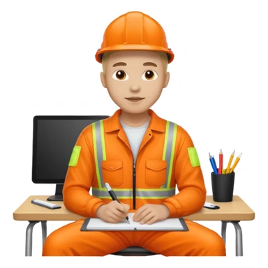 man sitting at a desk wearing orange hi visibility overalls sticker