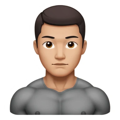 A standing buff shirtless asian guy with a really square jawline. Make his jawline extremely square and exaggerated. Also give him a middle part haircut. Give him a block square head sticker