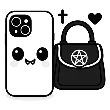 Change the color scheme to white and black, gothic kawaii phone case, big eyes, smiling, playful, cartoonish, gothic symbols, pastel toon style, no background. sticker