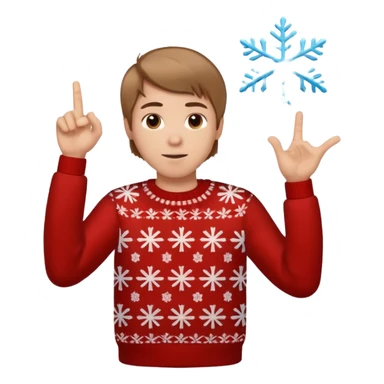 A guy pointing up with one hand and he has a christmas sweater with snowflakes in it. He has brown light hair. sticker