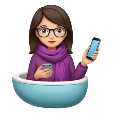 Fille châtain foncé avec lunettes. Elle porte une grosse écharpe. Elle est dans une cuvette de toilette. Téléphone en main sticker