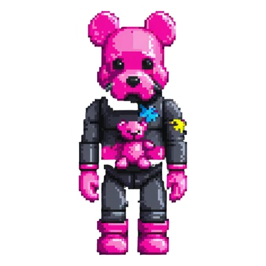 Pixel art KAWS Bearbrick figure with X eyes wearing a hot pink balaclava, blocky bear shape sticker