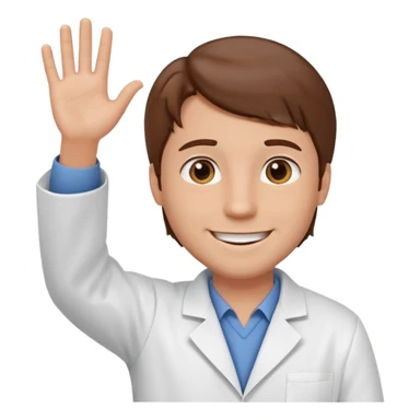 Hombre con bata blanca piel clara y cabello café saludando sticker