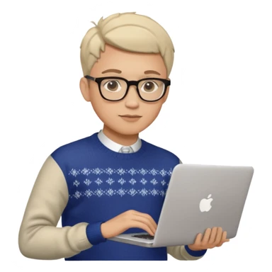 male memoji, attractive man with glasses, stylish haircut, elegant sweater, holding a laptop, charming intelligent look sticker