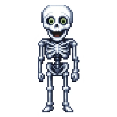 A surprised skeleton in pixel art style, version 1, with a happy expression. sticker