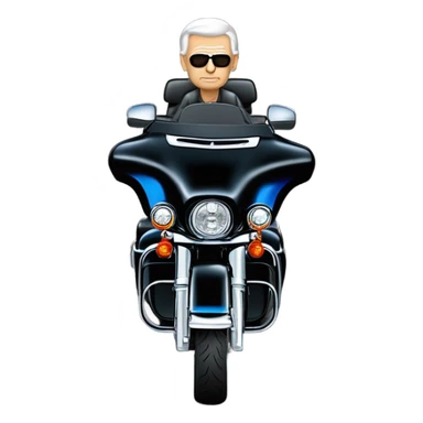 angled frontend view of a harley davidson electra glide ultra classic with big blue pearl and vivid black two color paint scheme with recurve windshield, a radio antenna and a citizen's band radio antenna and an older white man without a helmet sitting on the front seat. sticker