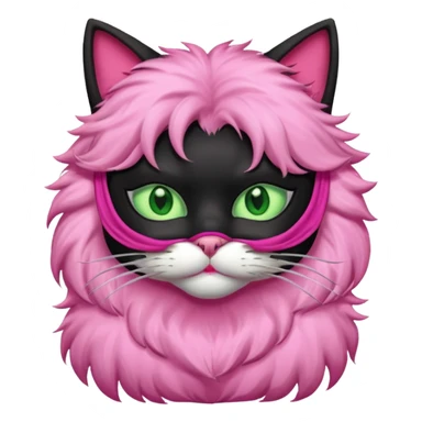a black cat with pink mask and shirt, half upon
 sticker