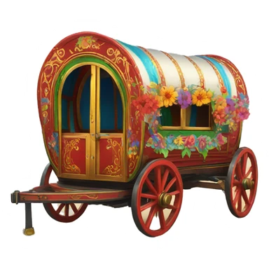 Traditional gypsy wagon with red, gold green, blue. Flowers and gypsy art painted on the sides colorful sticker
