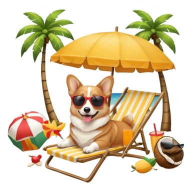 a corgi dog laied on a beach chair, a sunny beach, a sun umbrella, and beach coconut trees. the icon should capture the essence of a relaxing beach vacation with a carefree atmosphere sticker