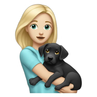 A blonde girl  with blues eyes, with smooth hair and a ray,she has light skin a few freckles, and she wear a hoodies and she Carries in his arms a black baby labrador dog  sticker
