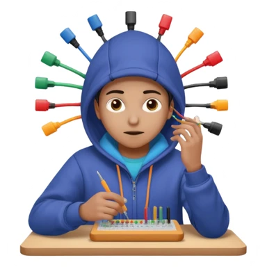 An emoji of an engineer working on a complex breadboard with many colorful wires and components. A Wi-Fi signal icon pulses above their head. They wear a hoodie and have a focused expression. Simple, cute, icon style. sticker