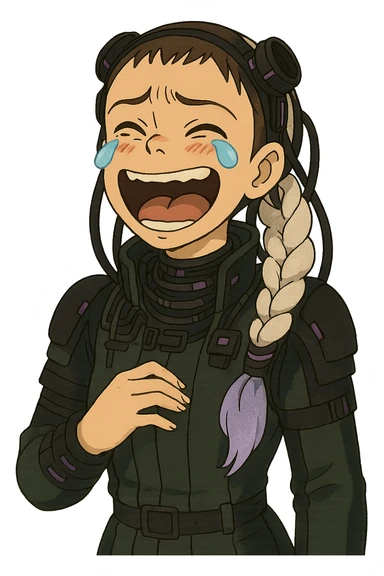1 female, white braid with lavender tips. Cybergoth futurepunk, crying from laughter, “wheeze emoji” facial expression  sticker
