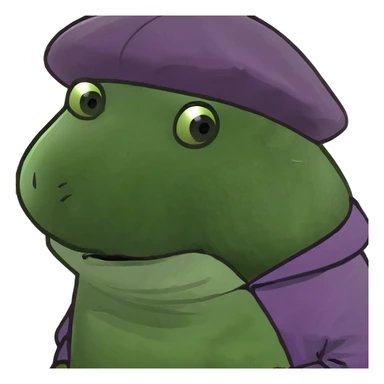 A green pig, in a purple sweatshirt, with a purple cap with a pattern of stars on his head sticker
