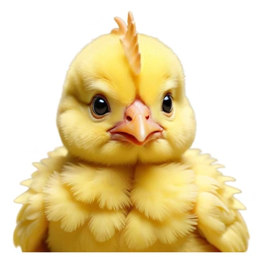 Cinematic Noble Yellow Baby Chicken Portrait Emoji, Poised and regal, with a tiny, fluffy build and a vibrant, well-groomed bright yellow downy coat, deep-set soulful beady eyes, Simplified yet sharp and sophisticated features, highly detailed, glowing with a soft, dignified glow, high shine, intelligent and charming, stylized with an air of youthful elegance, focused and attentive, soft glowing outline, capturing the essence of a watchful and confident little chick, so majestic it feels as though it could peep out of the screen with effortless authority! sticker
