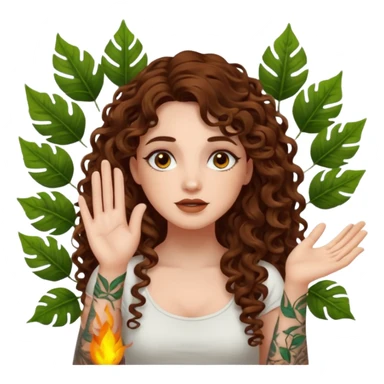 woman with long curly brown hair, brown eyes, white skin, tattoos, sarcastic slow clap made of glowing leaves sticker