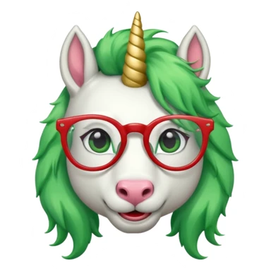 white furred unicorn with green hair and big red earrings looking into camera and spectacle and biiiggg earrings sticker