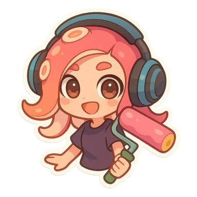 cute chibi octoling with headphones and a paint roller, Splatoon-inspired, adorable, colorful, playful sticker