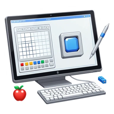 Emoji for Game Design: computer screen with Professional game development interface, 3D models, pixel art and design tools like grid, wireframe, and stylus. Symbolizes the technical and creative process of game development. Transparent background. sticker