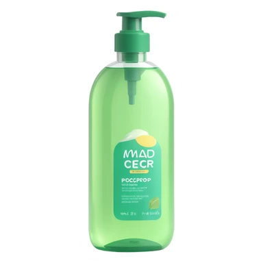 clear plastic bottle of dishwashing liquid with green soap inside, rounded shape, flip-top cap, glossy surface, clean 3D style, soft lighting sticker