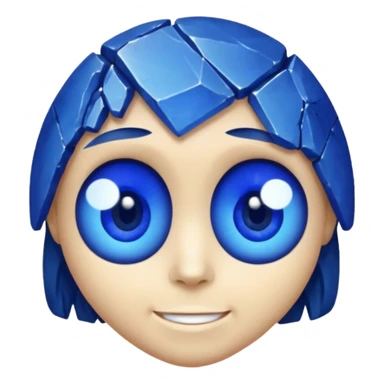 A single sapphire-blue faceted rock head, chunky and worn, with a few visible cracks and chipped facets but still shiny, big kind eyes and a confident smile sticker