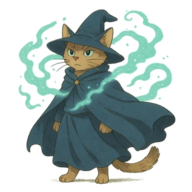 ghibli style wizard cat with a flowing cloak and magical aura sticker