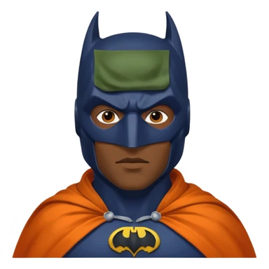 generate a batman emoji with just the face and neck showing and part of the cloak and and wings. Shade the mask in dark navy blue. Shade the wings in a medium olive green. Shade the cloak in a solidt vibran orange sticker