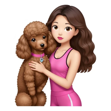 a asian lady with long balayage hair, long lashes, kissing a brown poodle, wearing pink gym outfit sticker