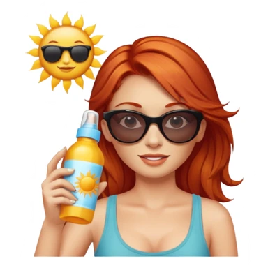 female red haired with suncream bottle and sunglasses, with sun burned sticker