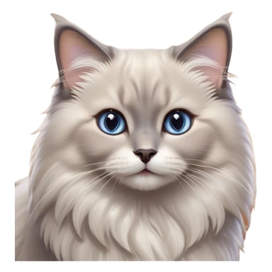 Cinematic Adorable Fluffy Grey Ragdoll Cat Portrait Emoji, Head tilted cutely with big, sparkling eyes, soft grey fur with lighter tones around the face and paws, Simplified yet irresistibly adorable features, highly detailed, glowing with a soft, warm glow, high shine, affectionate and playful, stylized with a touch of whimsy, bright and endearing, soft glowing outline, capturing the essence of a curious and loving kitten, so cute it feels like it could leap out of the screen and snuggle up for a cuddle! sticker
