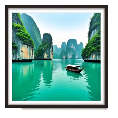 Cinematic Realistic Ha Long Bay Landscape Emoji, depicted with limestone karsts emerging from emerald waters rendered with intricate detail and dynamic natural lighting. sticker