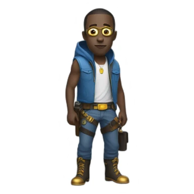black minion in hood in blue sleeveless shirt with two pistols in his hands with a gold insert on the belt in gray pants and leather boots sticker