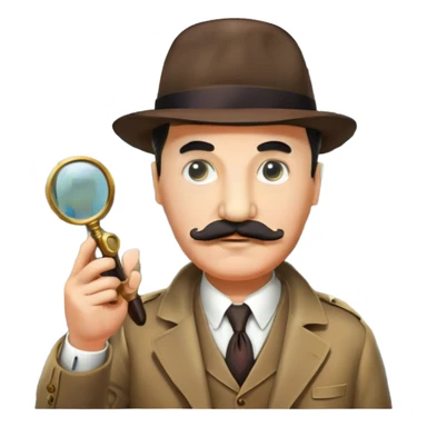 A colorful collage featuring Detective Poirot Detective Poirot with a long curling moustache, with a magnifying glass, revolver and a mysterious city backdrop. Include a board with photos of suspects, fingerprints, and a crime scene. Retro movie poster style. Transparent background. sticker
