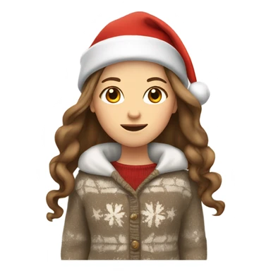 White girl with long brown hair wearing a santa hat and sweater sticker
