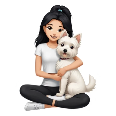 A girl with long black hair in a white crop top and black legging,she is smiling and hugging a west highland terrier with big ears  sticker