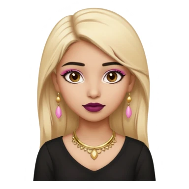 Sweet Indian girl blonde hair darkbrow eyes brown lipstick, pink blush, black top gold earrings, brown eyebrows gold eyeshadow  sticker