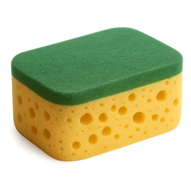 Show only one rectangular kitchen sponge with rounded edges. Dual-layer: soft, porous yellow base and green scrub layer on top. Texture is slightly springy and detailed, with tiny holes and surface grain. No soap, water, hands, or background elements, no faces. Clean, natural 3D rendering, soft lighting, subtle shadows, transparent background, emoji scale, optimized for clarity, texture, and recognizability at small size. The style should be clean and natural 3D rendering with soft lighting and subtle shadows, optimized for emoji scale. sticker