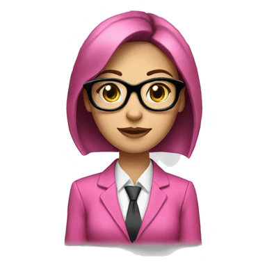 white skin female with glasses, pink suit, dark hair, with the laptop with currency signs around her, full face, frontal sticker