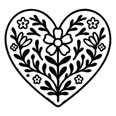 Red heart with a simple Scandinavian folk art motif in bright folk colors, black outlines around the motif, gold border around the heart, transparent background. Motif is bold and clear for small sizes. sticker