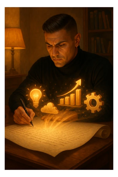 Un uomo concentrato, seduto alla sua scrivania in una stanza con luce calda, sta scrivendo su un enorme foglio di carta che si espande magicamente davanti a lui. Mentre scrive, le parole si trasformano in elementi visivi tridimensionali che rappresentano le soluzioni ai suoi problemi in italiano sticker