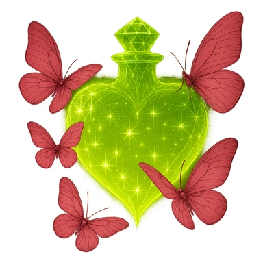 Refine the glow so it stays close to the bottle and butterflies, making it look magical and luxurious but not spreading far outside the bottle. The glow should enhance the crystal and liquid effect, avoiding any harsh or messy edges behind the bottle. Keep the crystal neck, #c0ff53 liquid, pink butterflies, magical dust, and transparent background (PNG). sticker