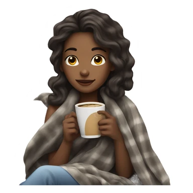 Girl drinking coffee with dark brown hair with slightly little wave and curl to her hair, a blanket around her sticker