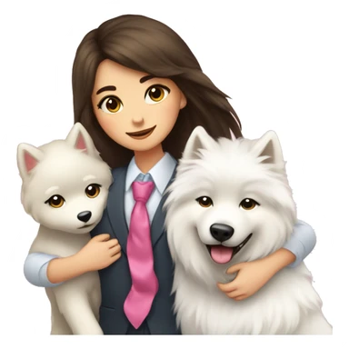 Brunette pale girl hugging a Samoyed with a tie and another Samoyed with a pink bow sticker