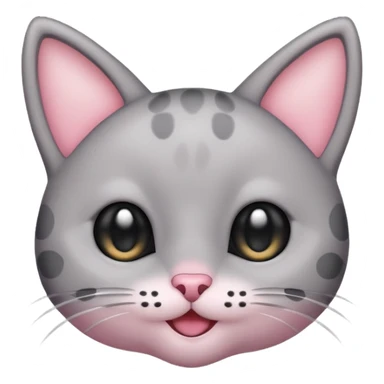Cute emoji of a small gray cat with black spots, big shiny kawaii eyes, tiny pink nose, and a sweet smiling expression. Minimalist design, clean vector style, high resolution, soft pastel colors, with a transparent background. sticker