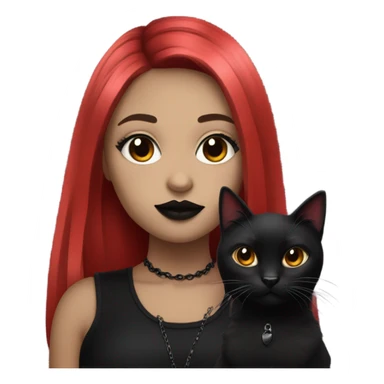 goth girl with hair that goes ombré red to black and red lipstick holding a black cat sticker