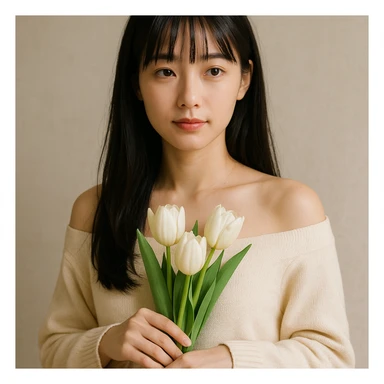 a girl with long black hair, thin bangs, and black eyes, in a cream off-shoulder sweater, holding a bouquet of white tulips, standing in a relaxed pose sticker